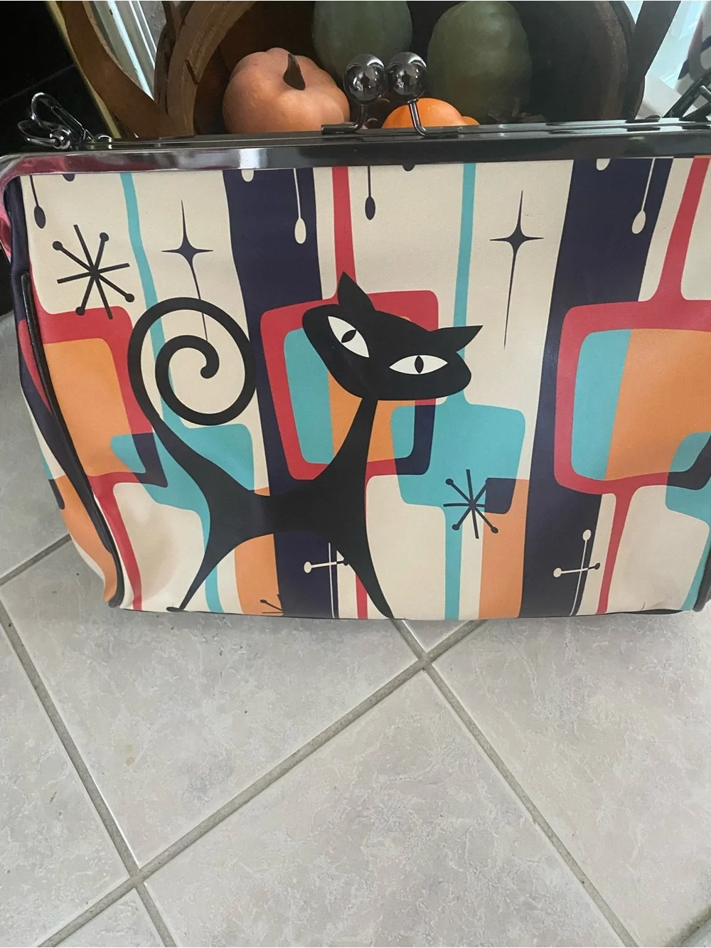 Kat McEnroe Atomic Retro Cat Print Crossbody Bag in Cream, Teal & Orange.